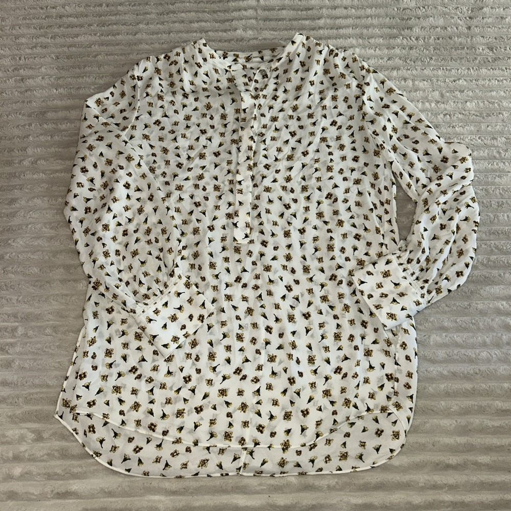 Elie Tahari Blouse‎ Medium Beige  Floral Long Sleeve Silk Shirt Blouse - Picture 2 of 8